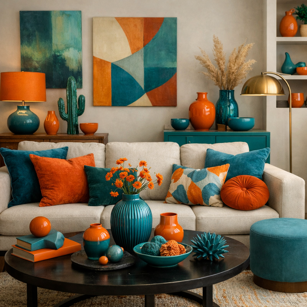 Living room featuring teal and orange color accents with decorative accessories.