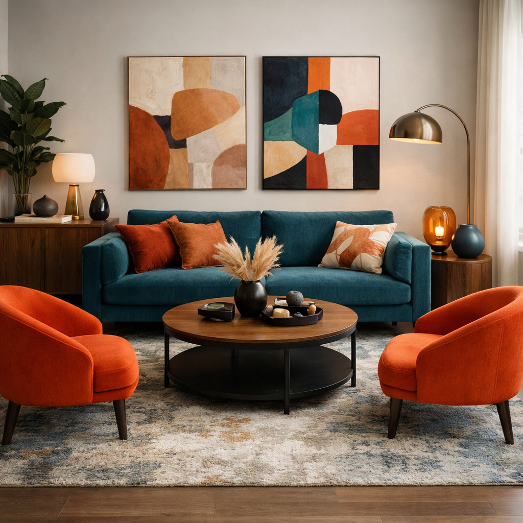 A teal couch with orange accent chairs and a wooden coffee table in a stylish living room.