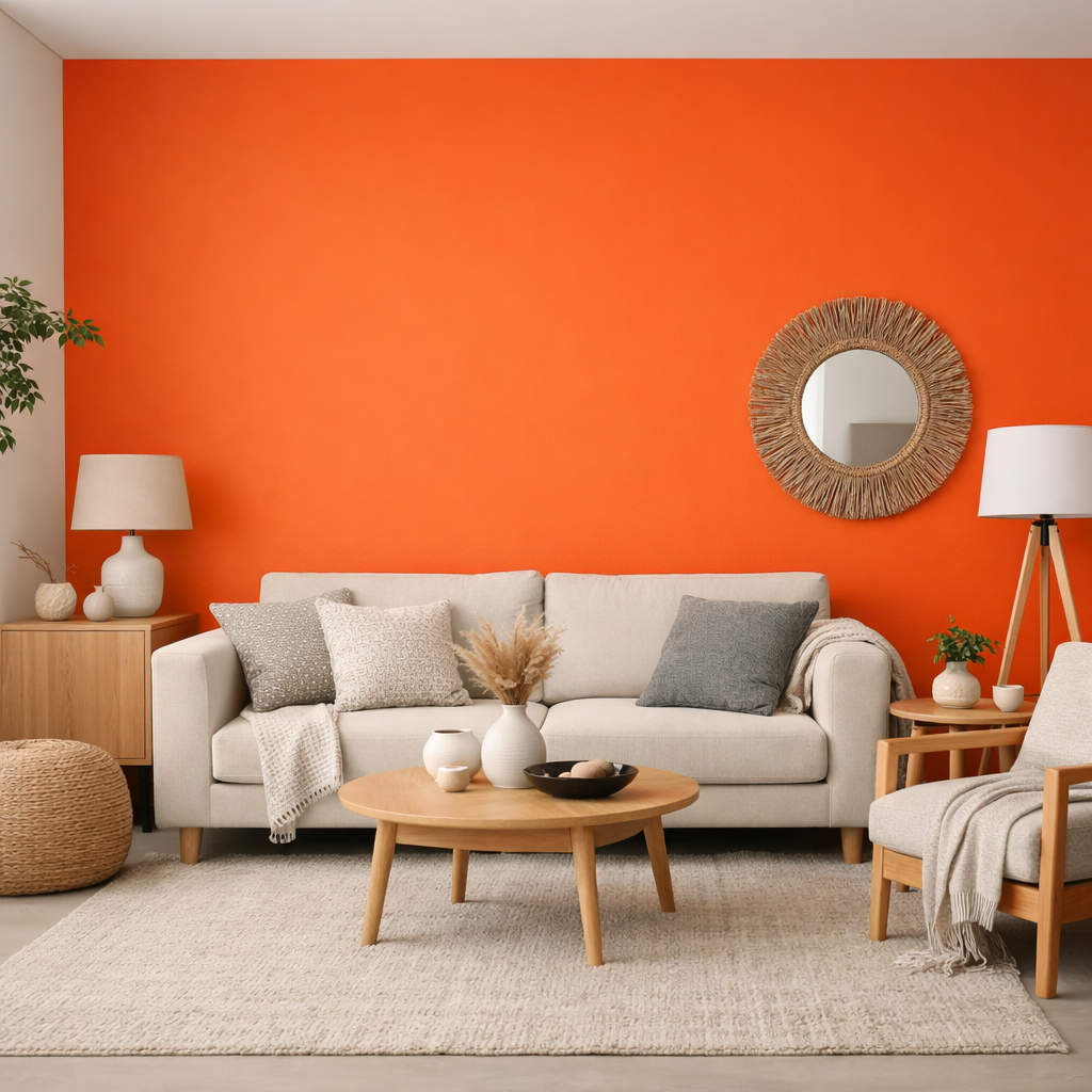 A cozy living room featuring an orange accent wall with a beige sofa and stylish decor.