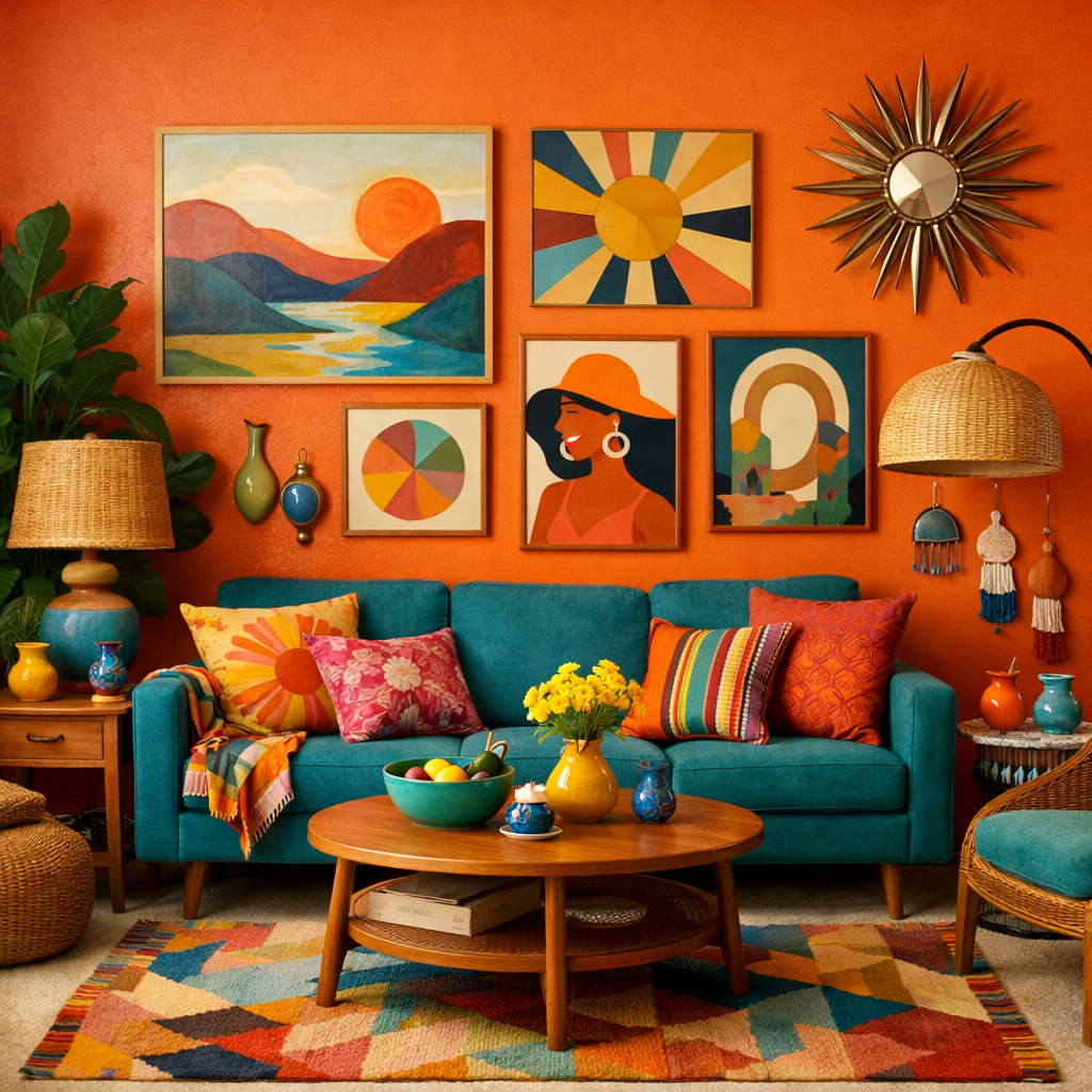 A vibrant orange living room featuring a teal sofa, colorful artwork on the walls, and warm lighting.