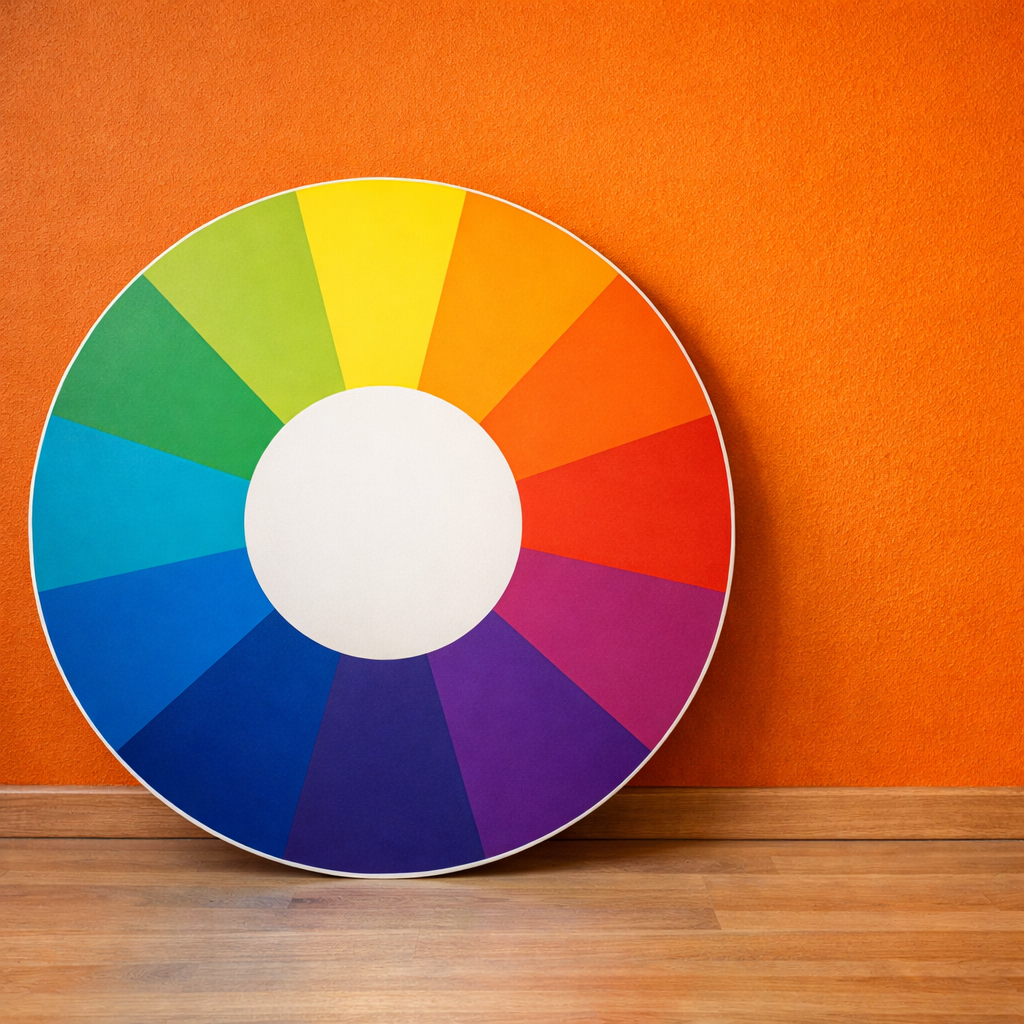 A color wheel with various colors on an orange wall background.