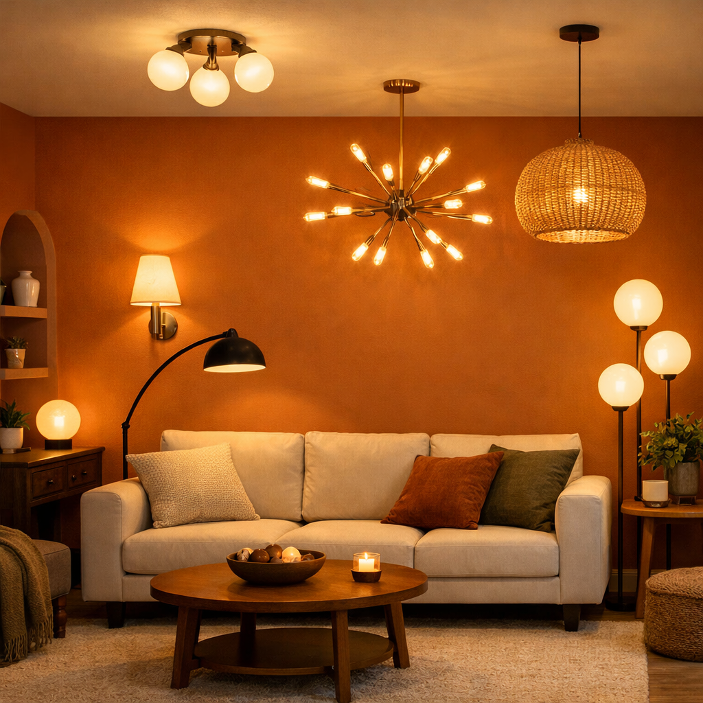 A cozy living room with orange walls, featuring various lighting fixtures that enhance the ambiance.