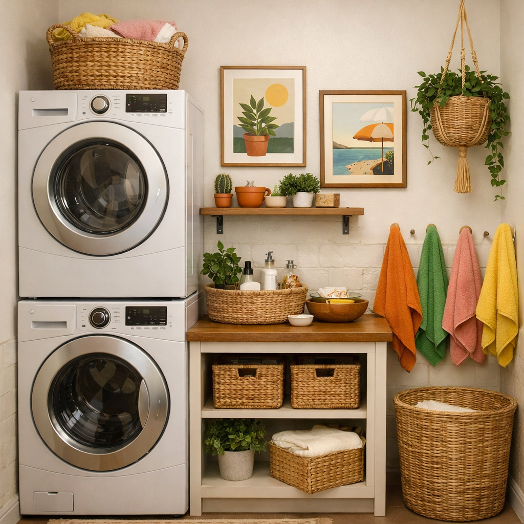 Stylish small laundry room with decorative touches