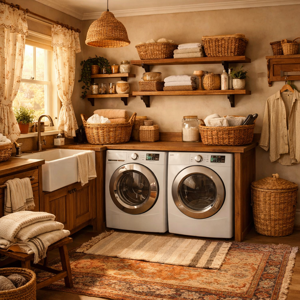 Cozy laundry room with wood details and natural elements