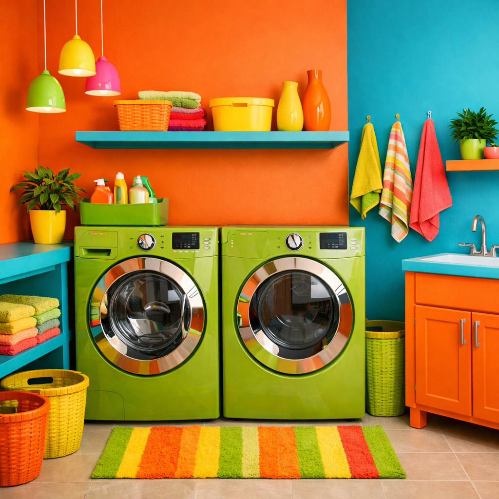 A small laundry room with bright orange and teal walls, green washing machines, colorful lighting, and vibrant decor.