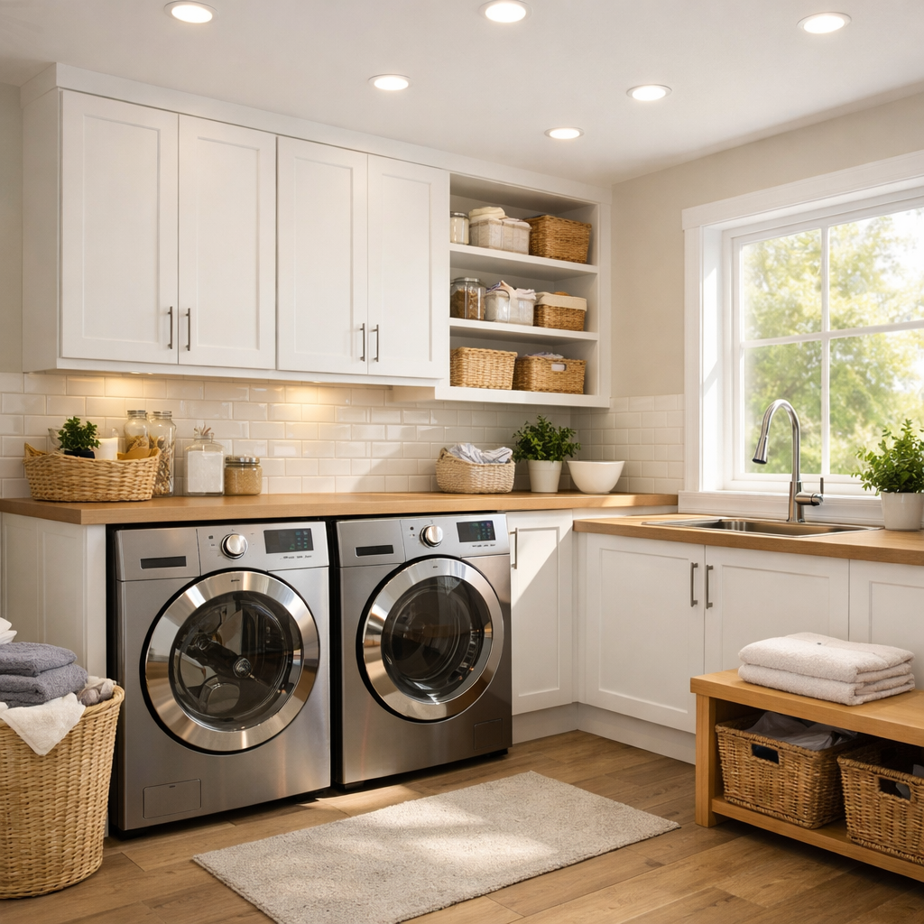 A bright, modern laundry room with recessed lighting and natural light coming from a window.
