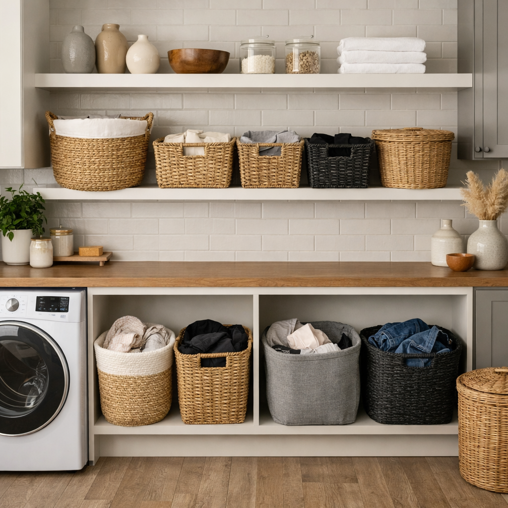 A well-organized small laundry room with stylish baskets on shelves, neatly folded clothes, and a washing machine.