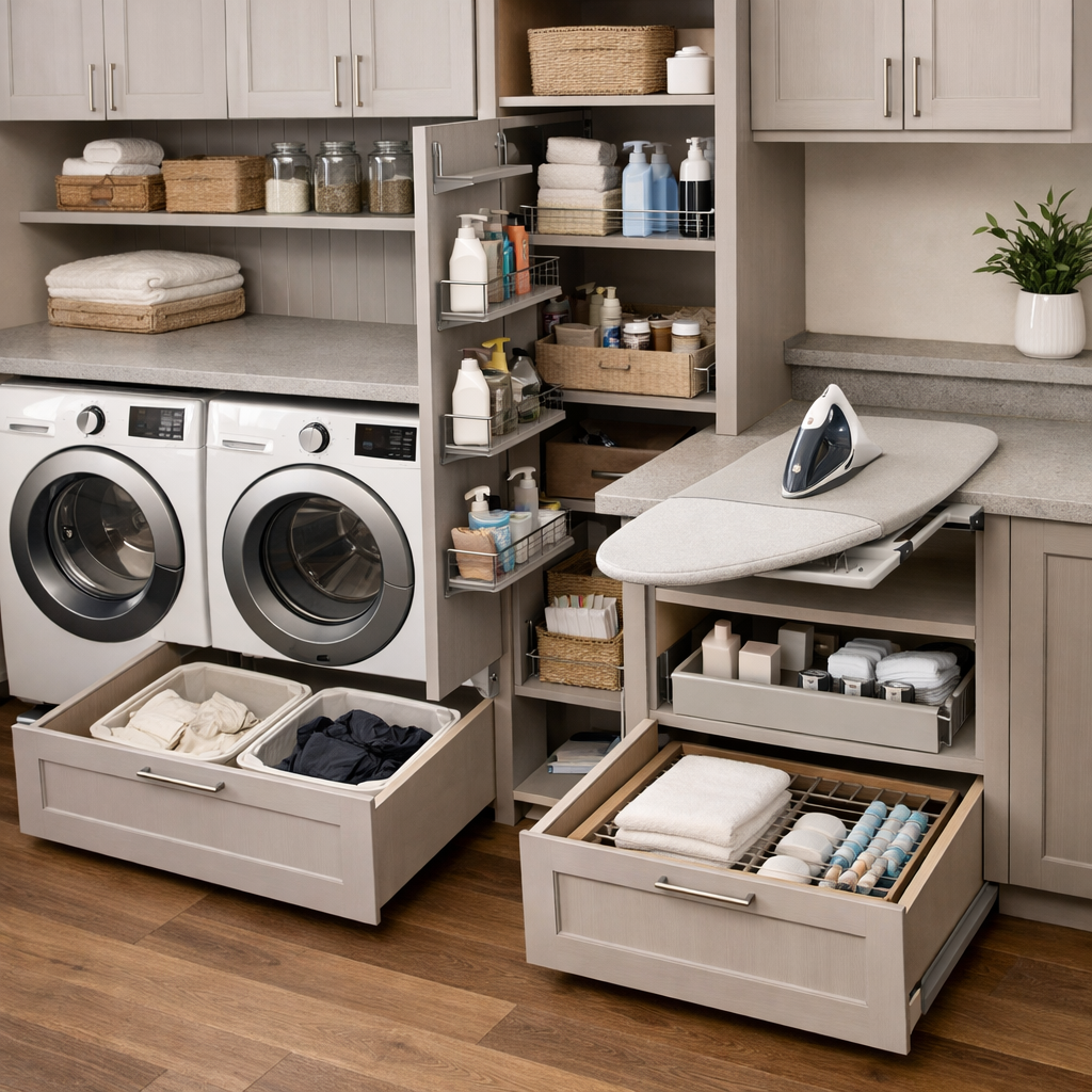 A modern, organized laundry room with smart storage solutions including a pull-out ironing board and neatly arranged baskets.