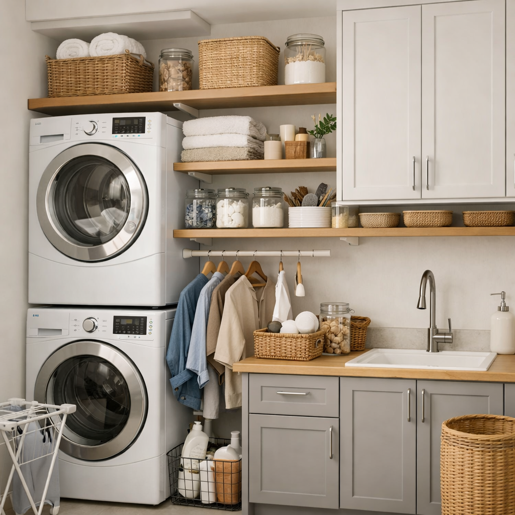 A small laundry room with stacked washer and dryer, open shelves filled with baskets and jars, and a clean countertop.