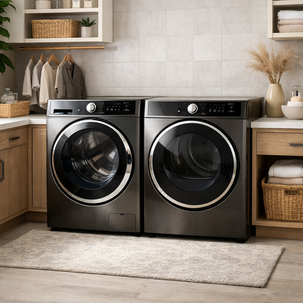 Modern washer and dryer set in a stylish small laundry room
