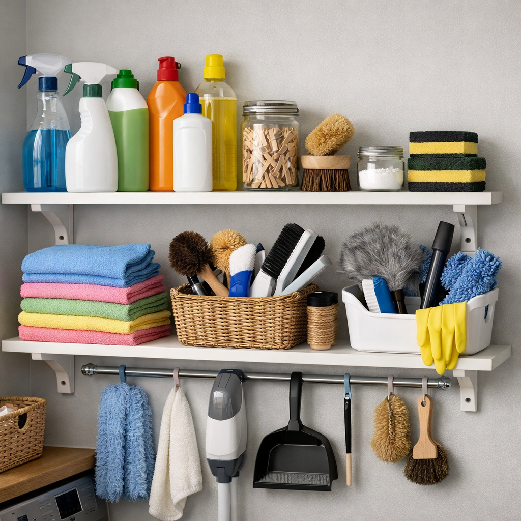 Organized laundry room shelf with cleaning supplies and tools