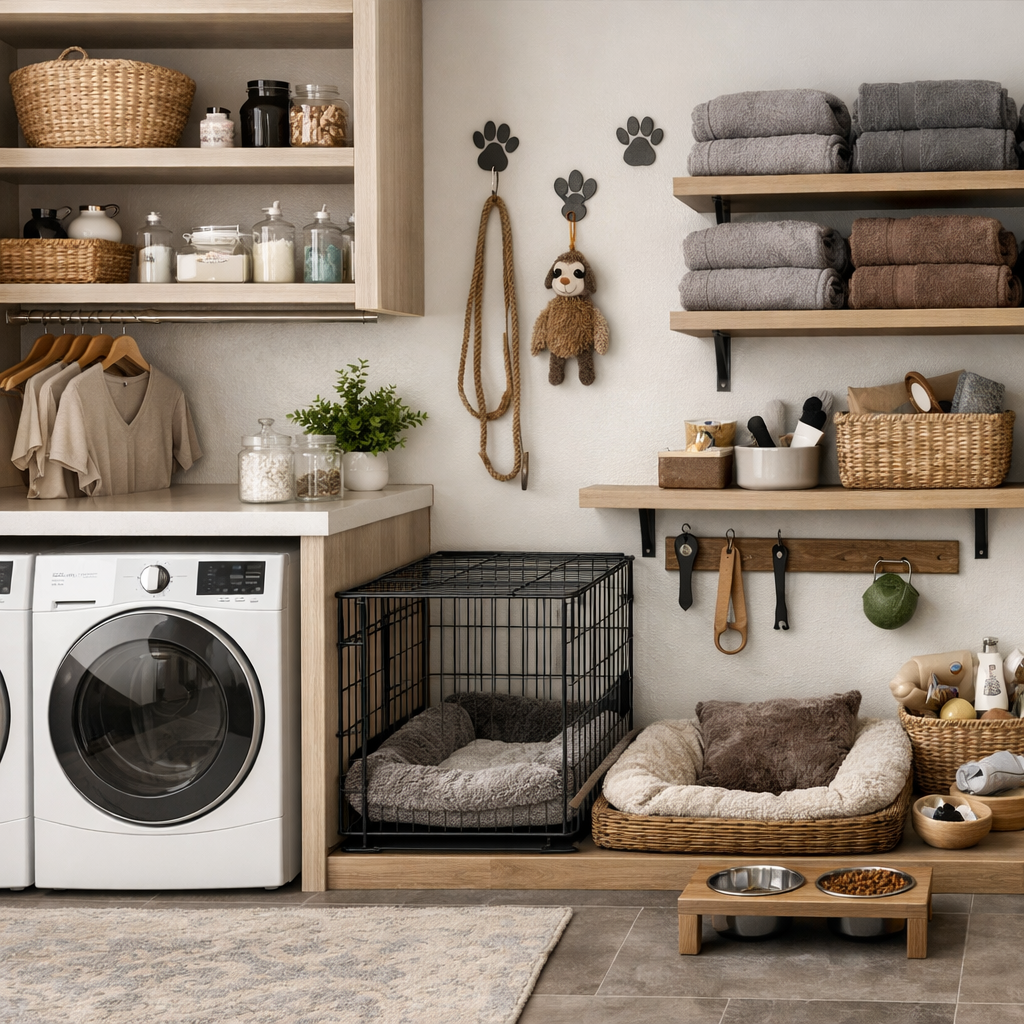 A well-organized laundry room that includes a pet crate, storage units, and cozy pet beds, creating a friendly environment for both laundry tasks and pet care.