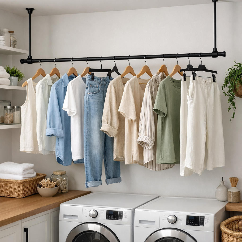 Laundry room with a black hanging rod displaying neatly hung clothes.