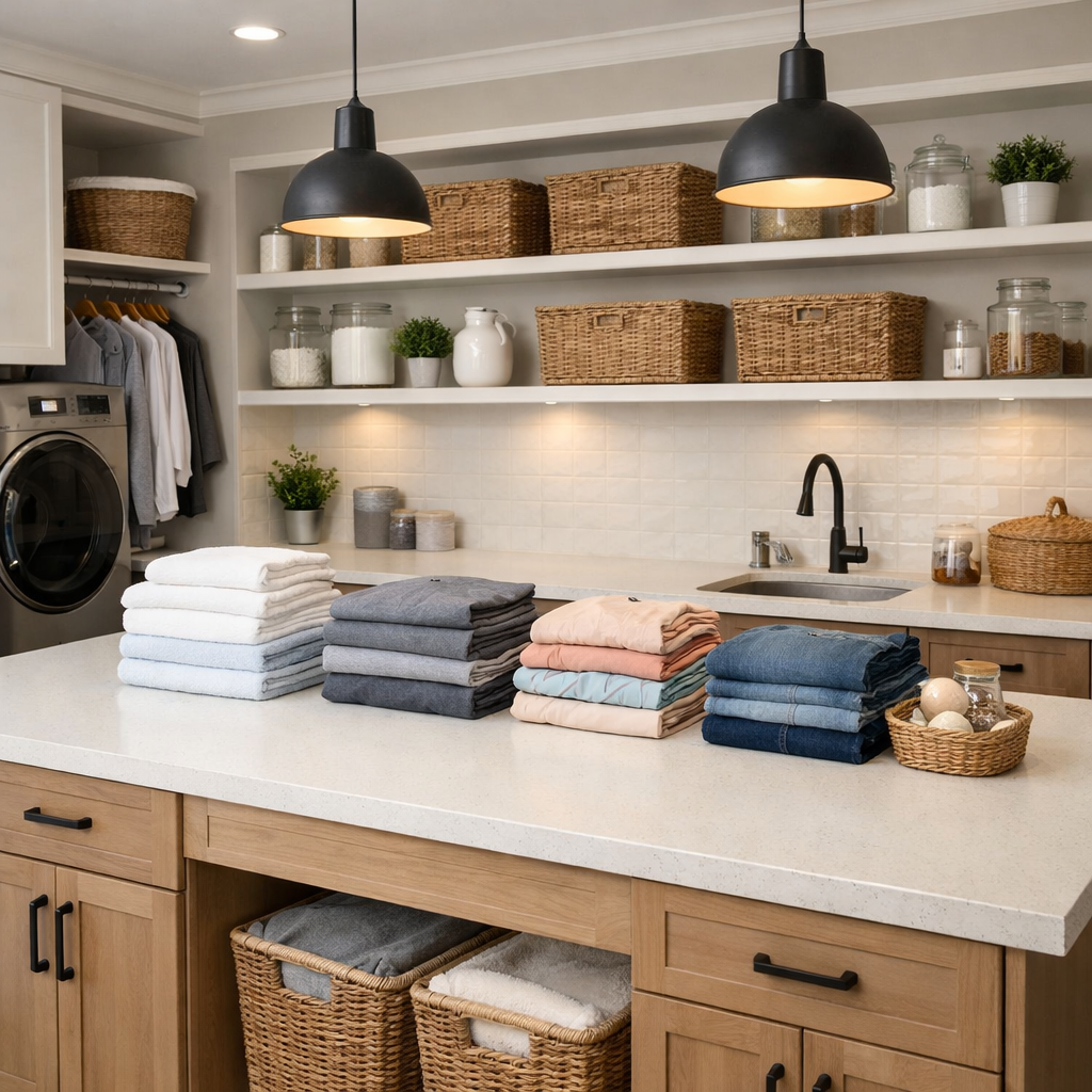 A laundry room featuring a clean folding station with neatly stacked towels and clothes, open shelves with baskets, and a functional sink.