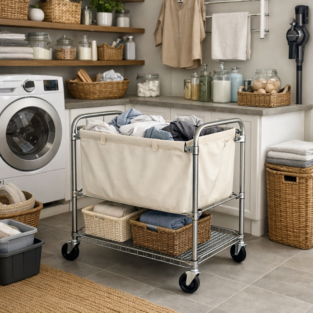 A well-organized laundry room featuring a canvas laundry cart filled with clothes and various baskets on shelves.