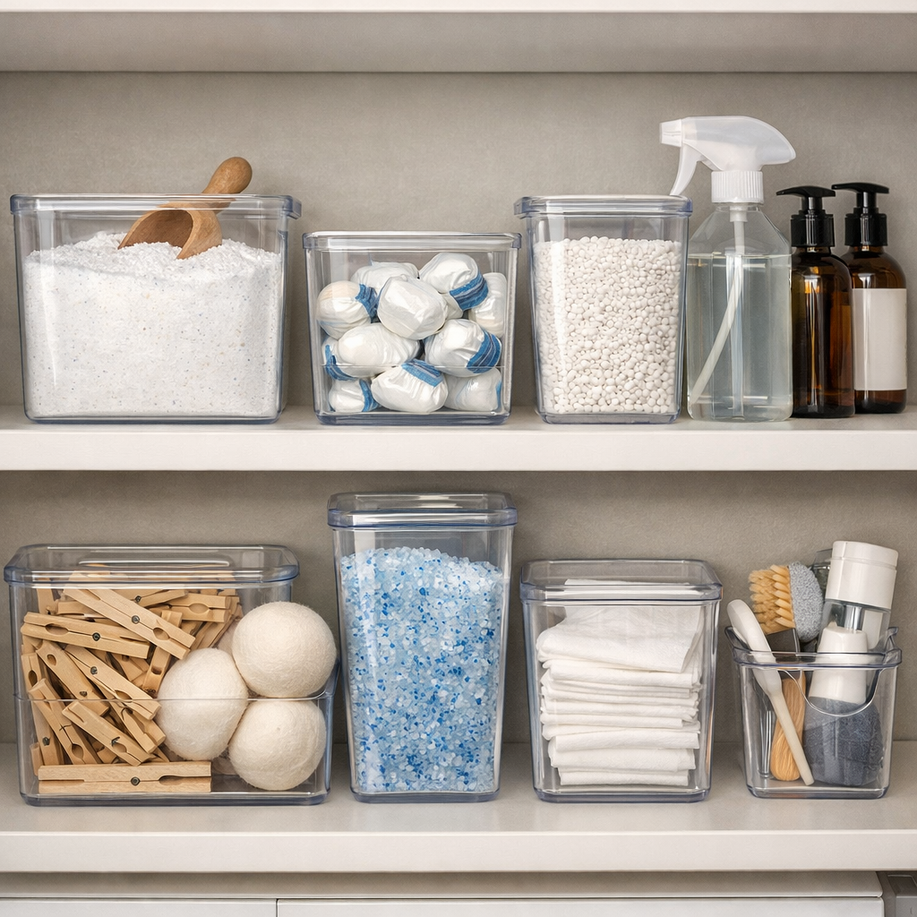Organized laundry room shelf with labeled clear containers holding laundry supplies like detergent, fabric softener, and clothespins.