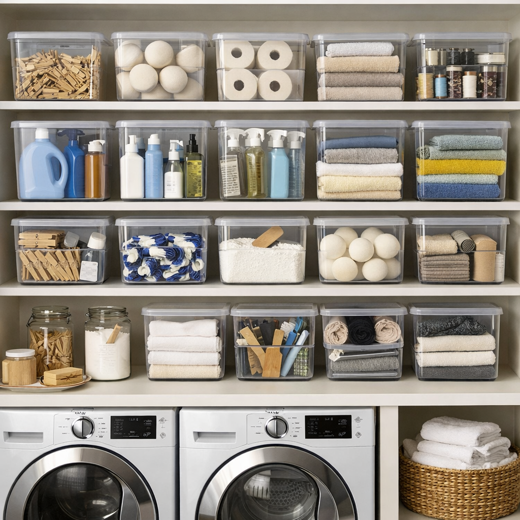 An organized laundry room with clear containers displaying various laundry supplies and toiletries on shelves.