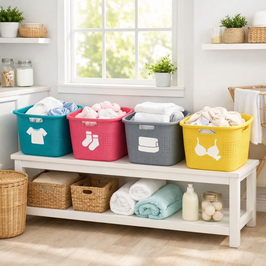 An organized laundry room with colorful baskets for sorting laundry.