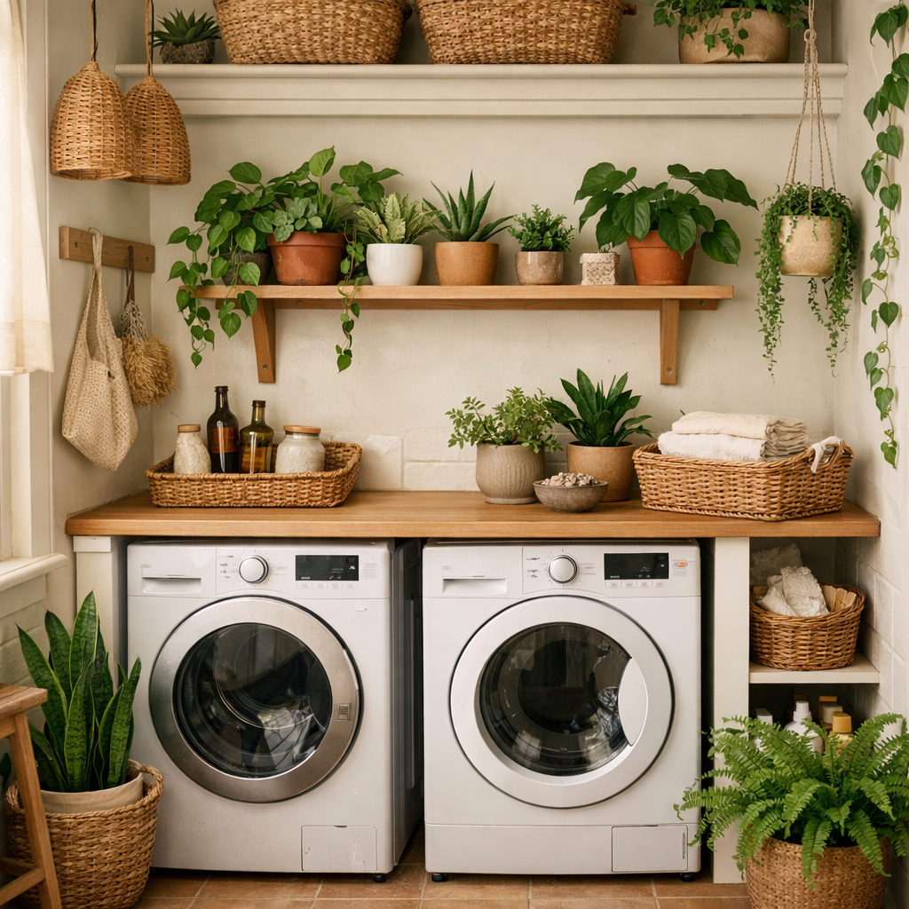 A cozy laundry room filled with various plants, wicker baskets, and a wooden countertop.