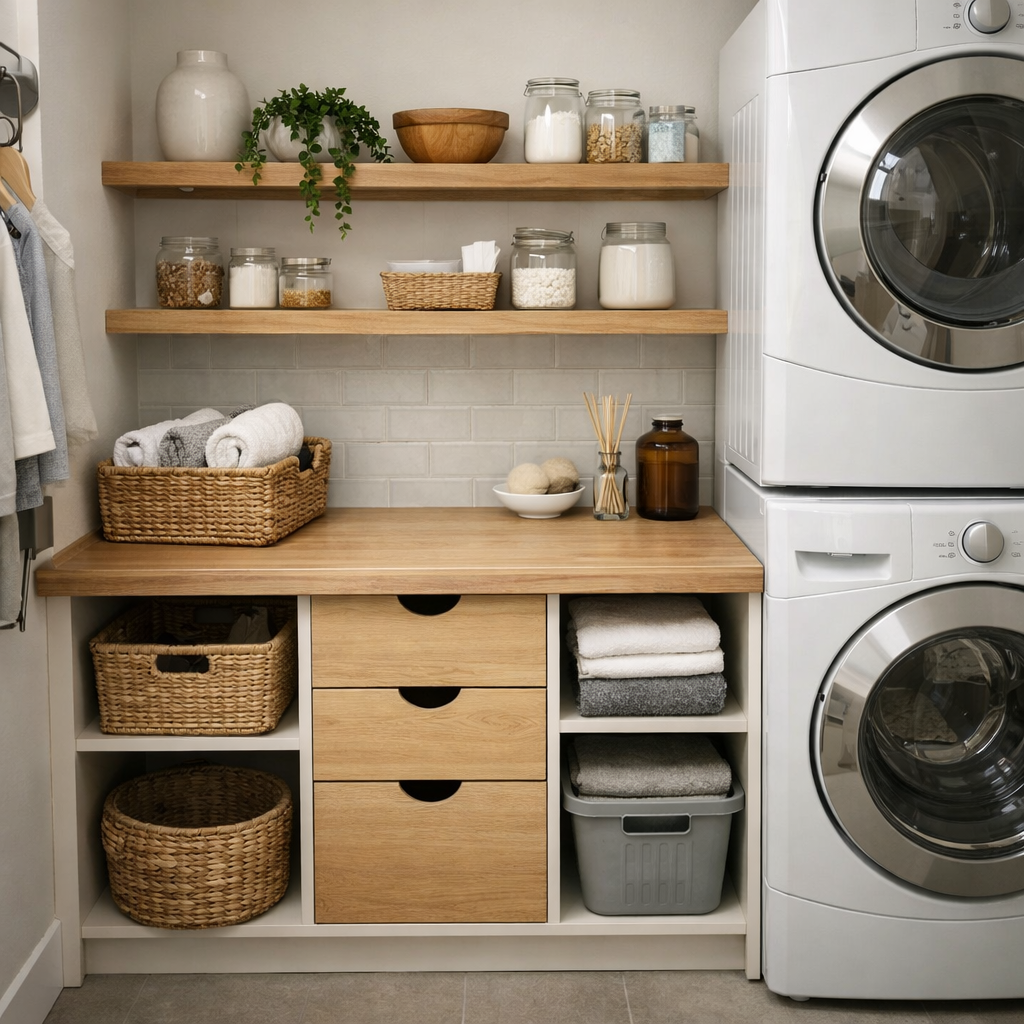 A small laundry room with a wooden folding station, shelves filled with jars and baskets, and a stackable washer and dryer.