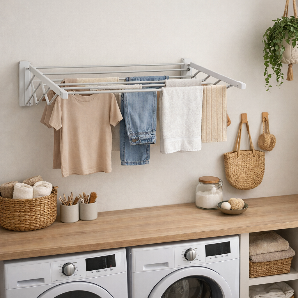 Wall-mounted drying rack with clothes hanging in a minimalist laundry room.