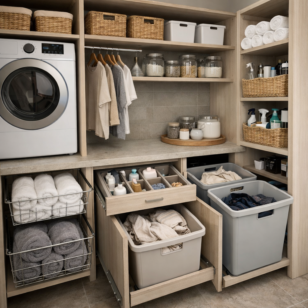 Well-organized tiny laundry room with clever storage solutions, featuring shelves, baskets, and pull-out drawers.
