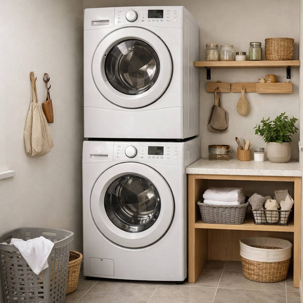 Compact washer and dryer stacked in a small laundry room with storage and decor.