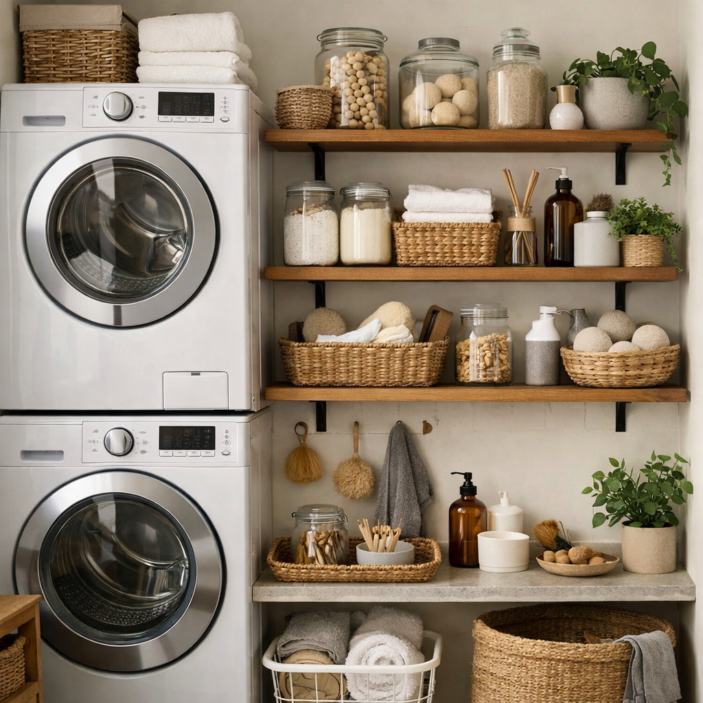 A beautifully organized laundry room with wooden shelving, jars, and baskets.