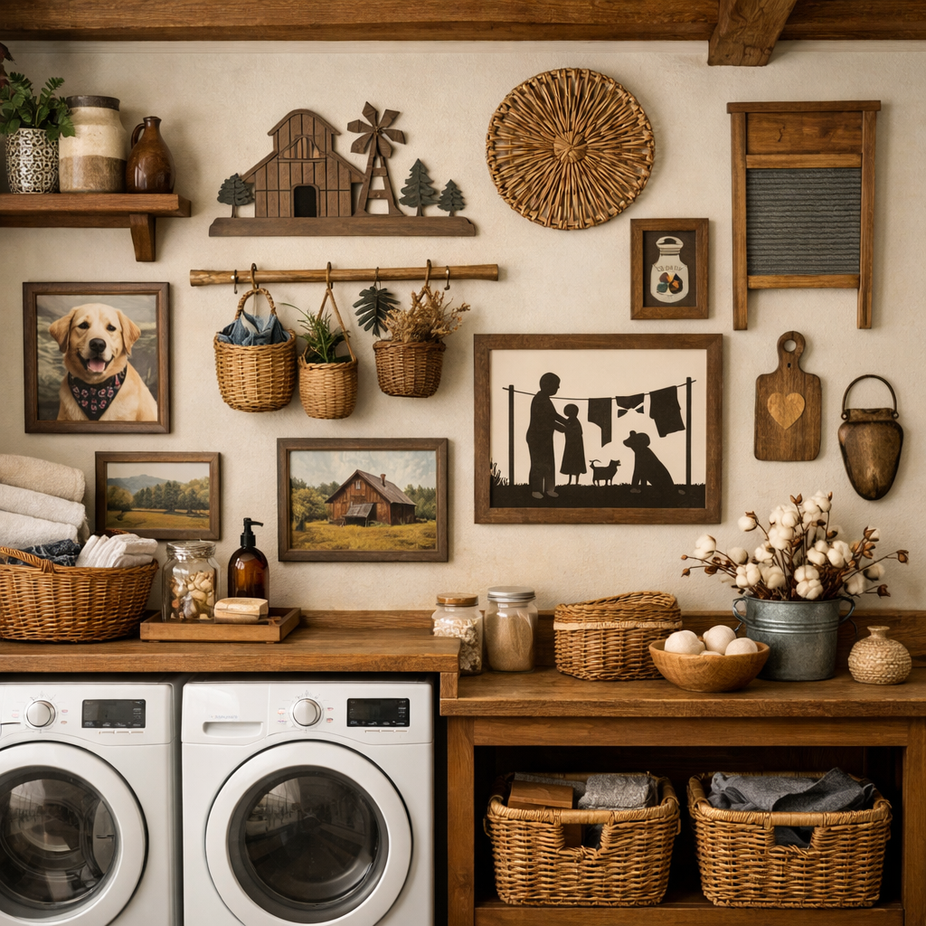 A stylish tiny laundry room decorated with rustic items, wall art, and organized baskets