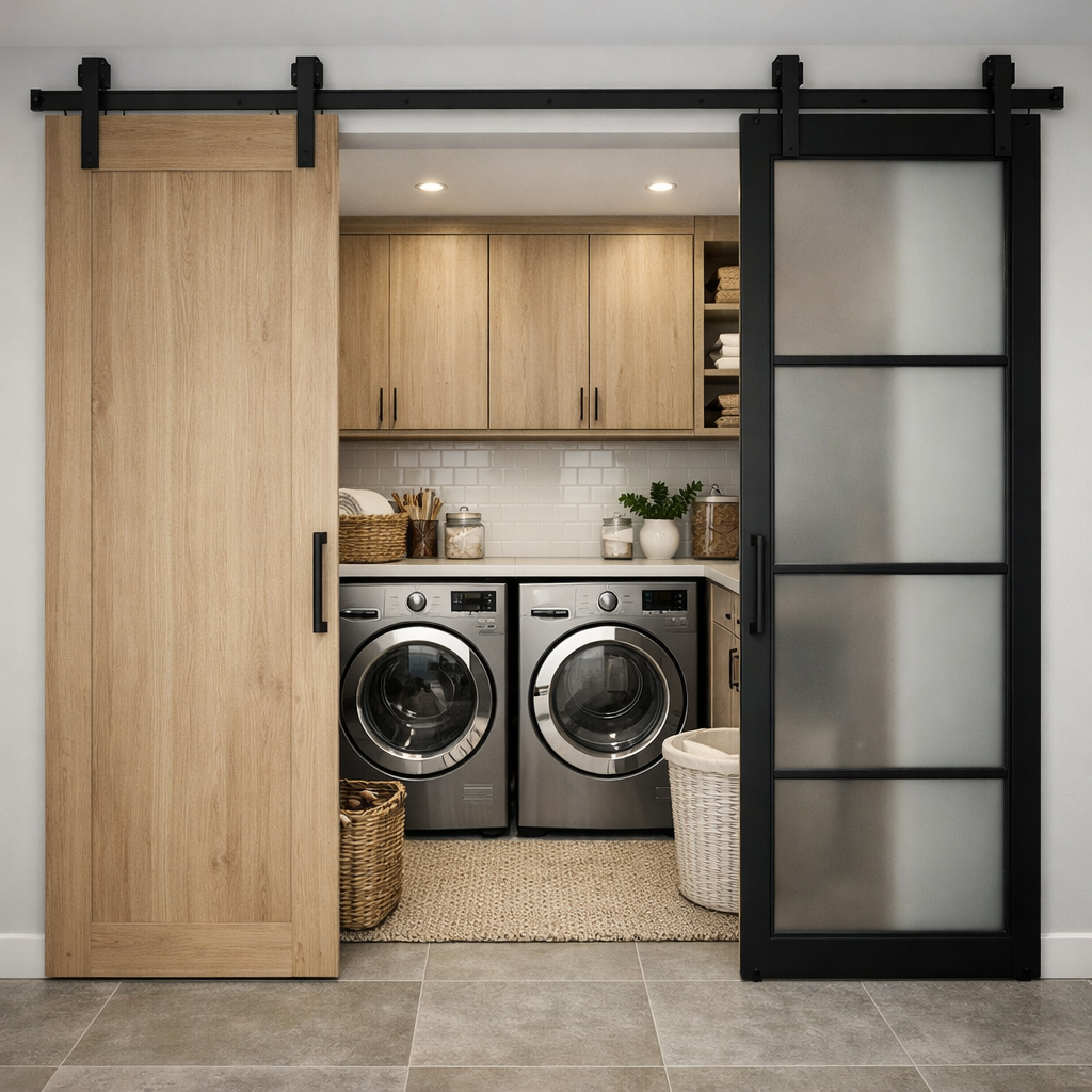 A modern laundry room featuring sliding doors, washing machines, and storage cabinets