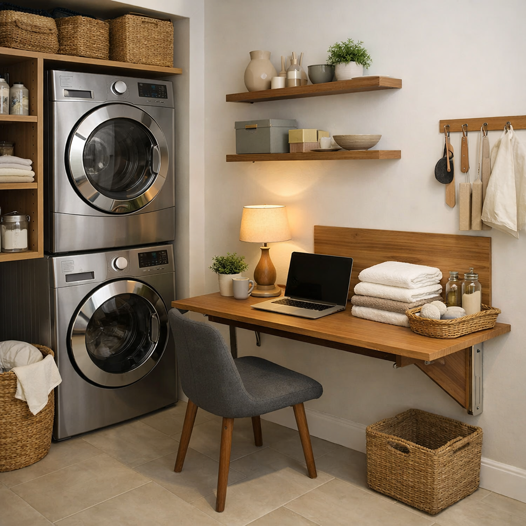 A stylish small laundry room featuring a folding desk, modern washing machines, and open shelving with storage baskets.