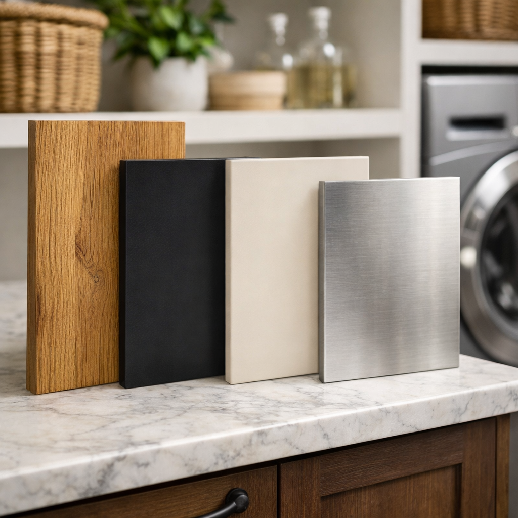 Various materials for laundry room cabinets including wood, black, beige, and metallic finishes
