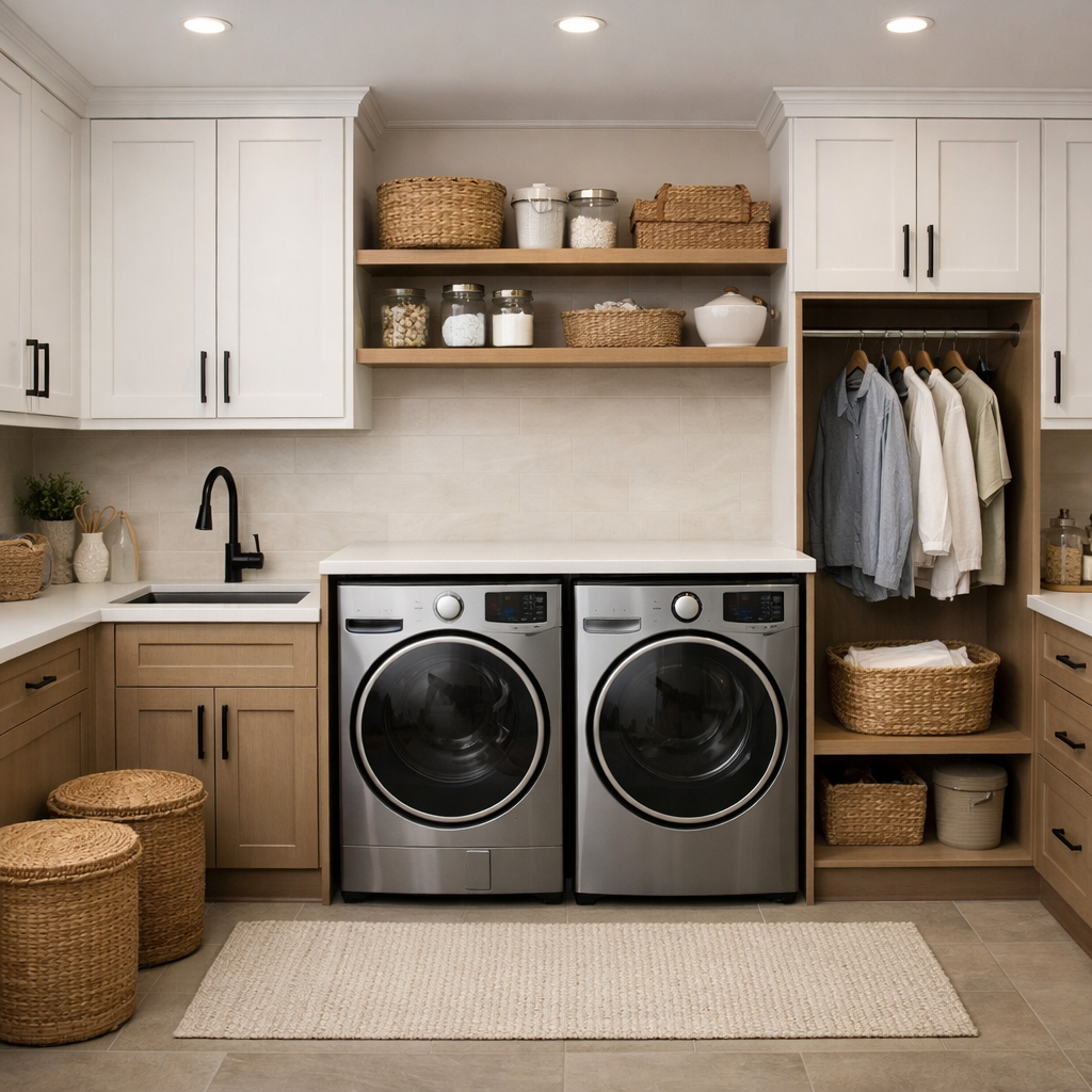 A modern laundry room featuring a washer and dryer, cabinets, and shelves with baskets and jars.