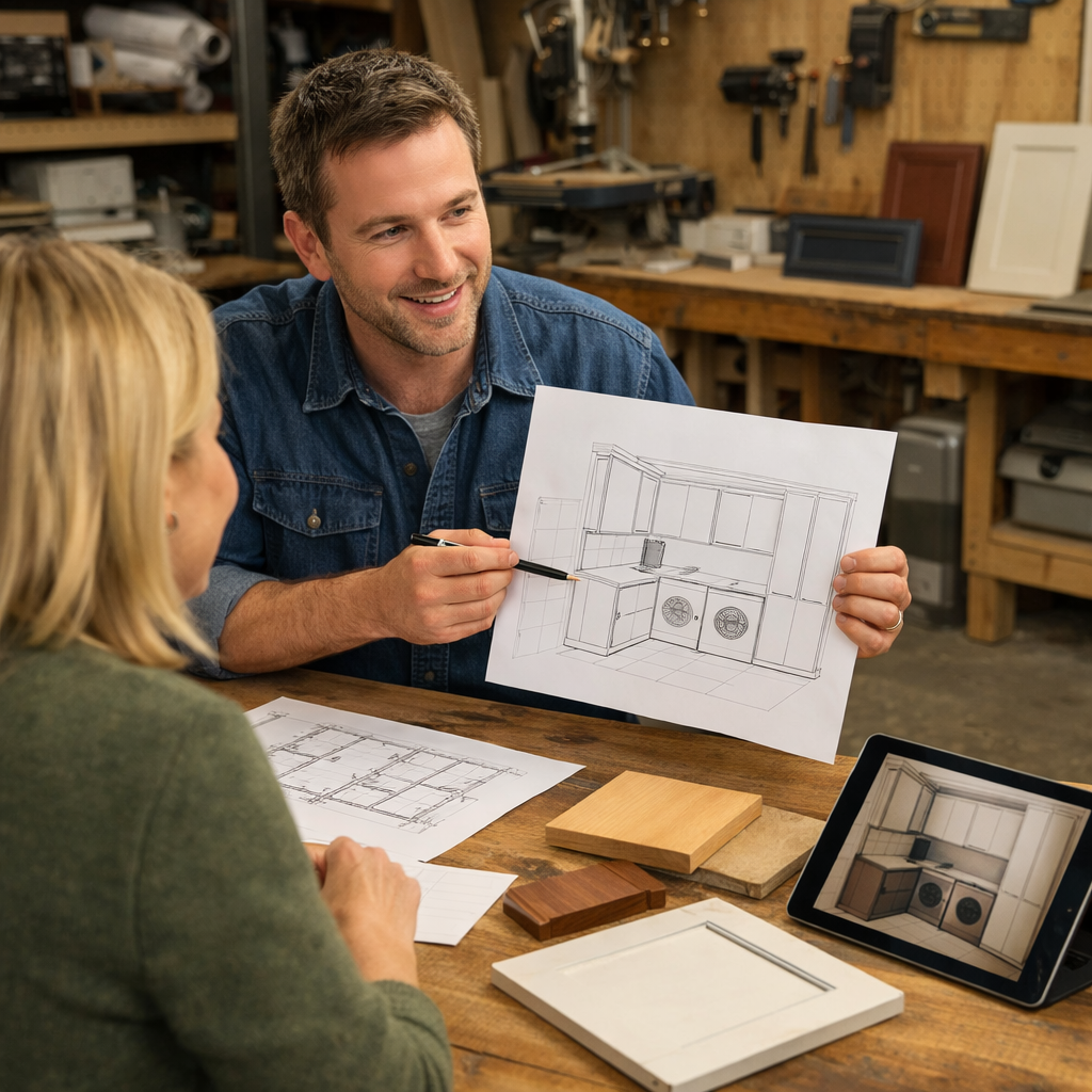 A designer presenting custom laundry room cabinet plans to a client, with sketches and material samples on the table.