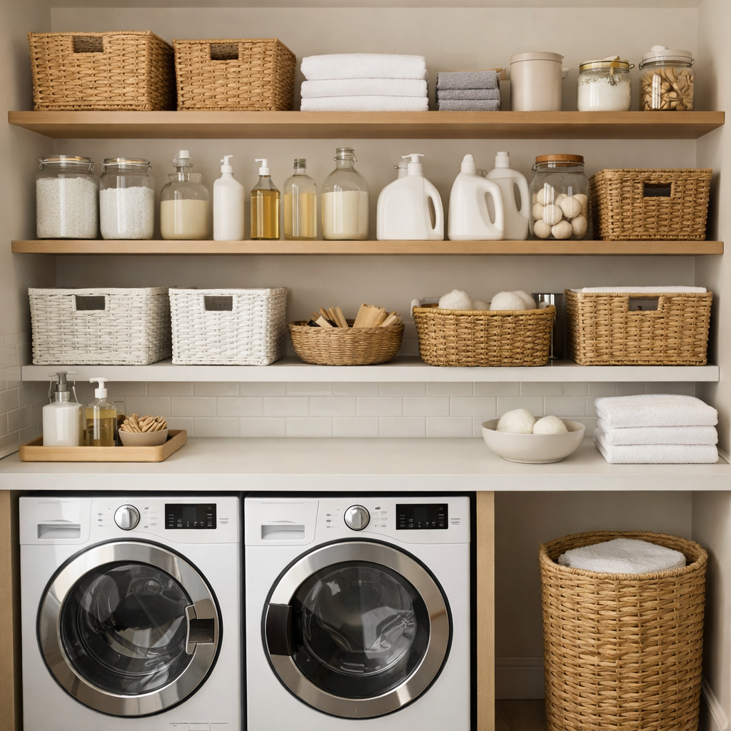 A stylish laundry room featuring open shelving with organized baskets, jars, and folded towels, showcasing a functional and aesthetic design.