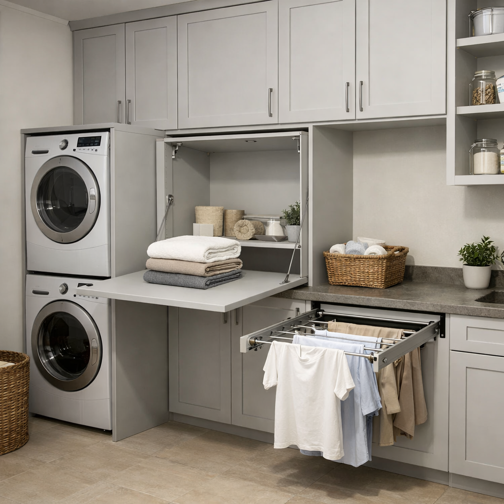 A modern laundry room with gray cabinets, a fold-out countertop for folding clothes, and a pull-out drying rack.