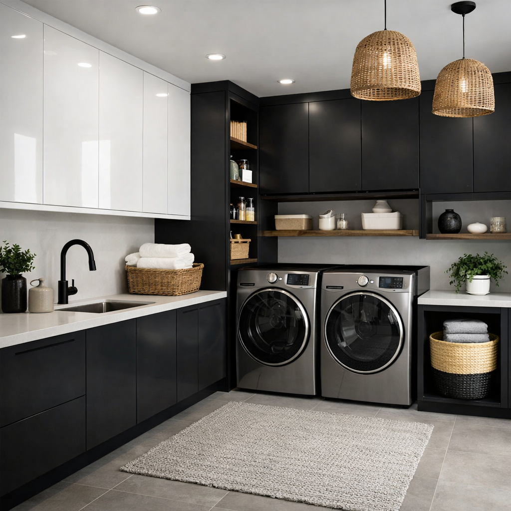 Stylish laundry room with black and white cabinets and open shelving.