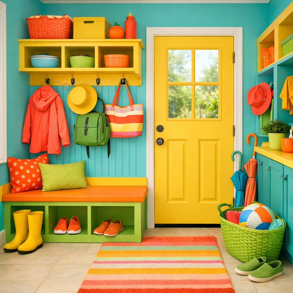 A colorful mudroom laundry room featuring a bright yellow door, turquoise walls, green benches, and orange accents.
