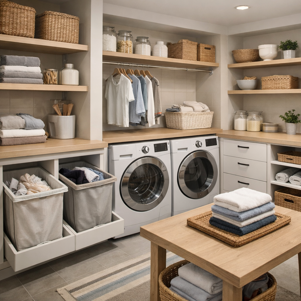 A modern mudroom and laundry room with organized shelving, laundry bins, and neat piles of folded towels.