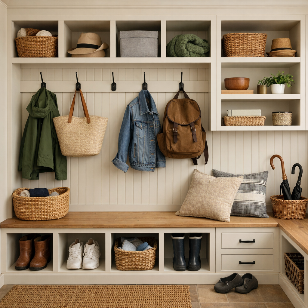 A stylish mudroom with functional storage solutions, featuring baskets, hooks, and a bench.