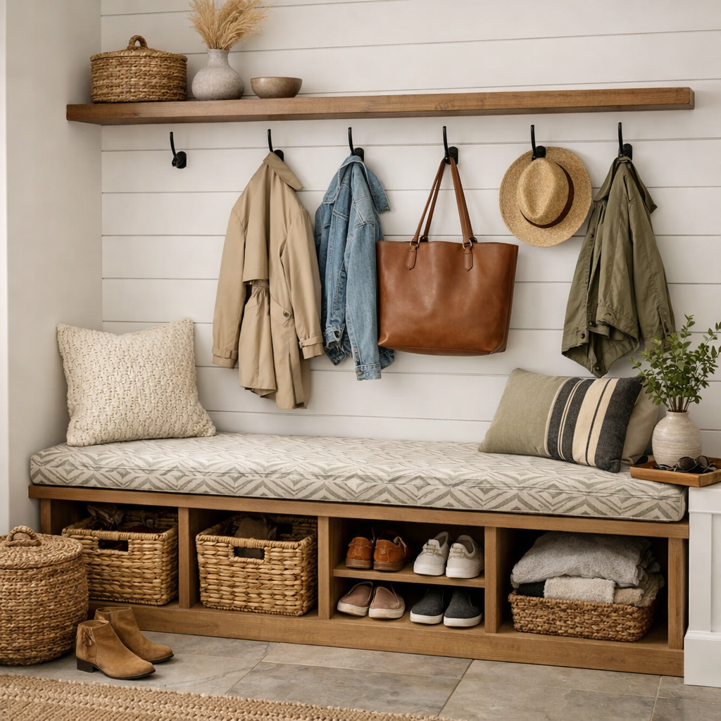 Cozy mudroom with a storage bench, hooks for coats and bags, and decorative accessories.