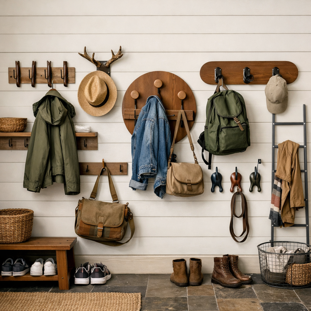 Stylish wall hooks and racks in a mud room and laundry room combo featuring jackets, bags, and decorative elements.