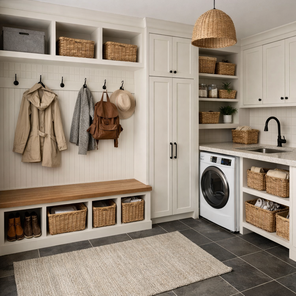 A mud room and laundry room combo featuring storage shelves, a bench, wall hooks, and a washing machine.