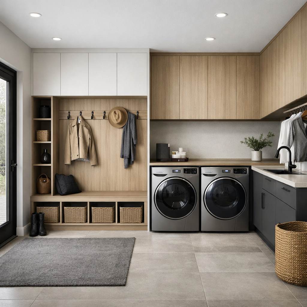 A modern mud room and laundry room combo featuring stylish laundry appliances and organized storage.