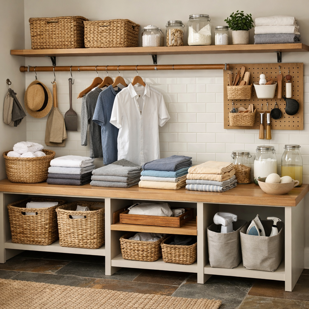 A neatly organized laundry folding station with stacked towels, woven baskets, and a pegboard for storage.