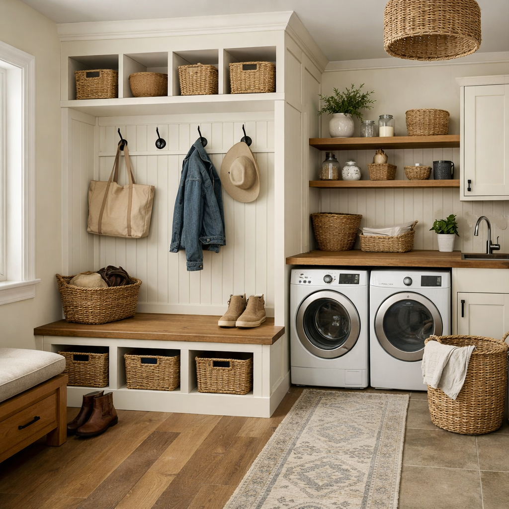 A well-designed mud room and laundry room combo featuring storage benches, shelves, and a washer and dryer.
