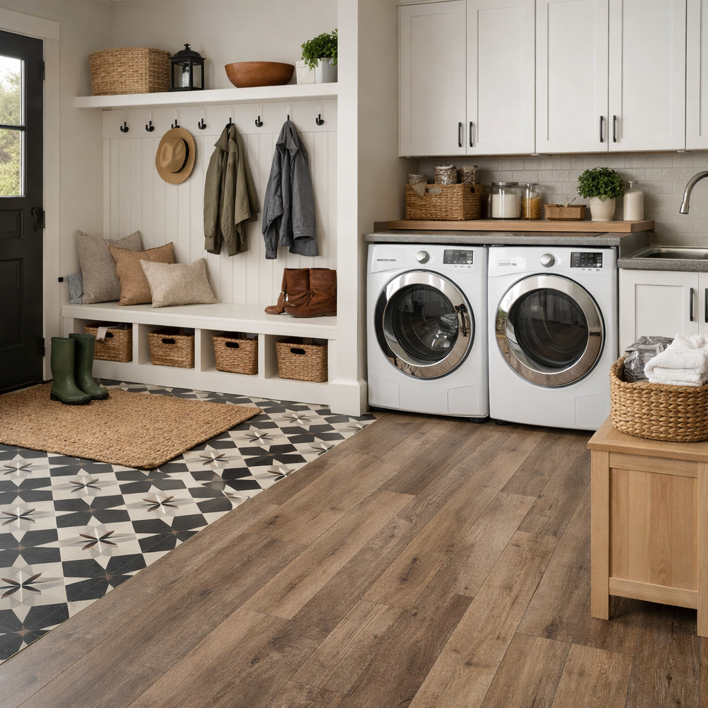 A stylish mud room and laundry room combo featuring patterned tiles and wood-like planks.