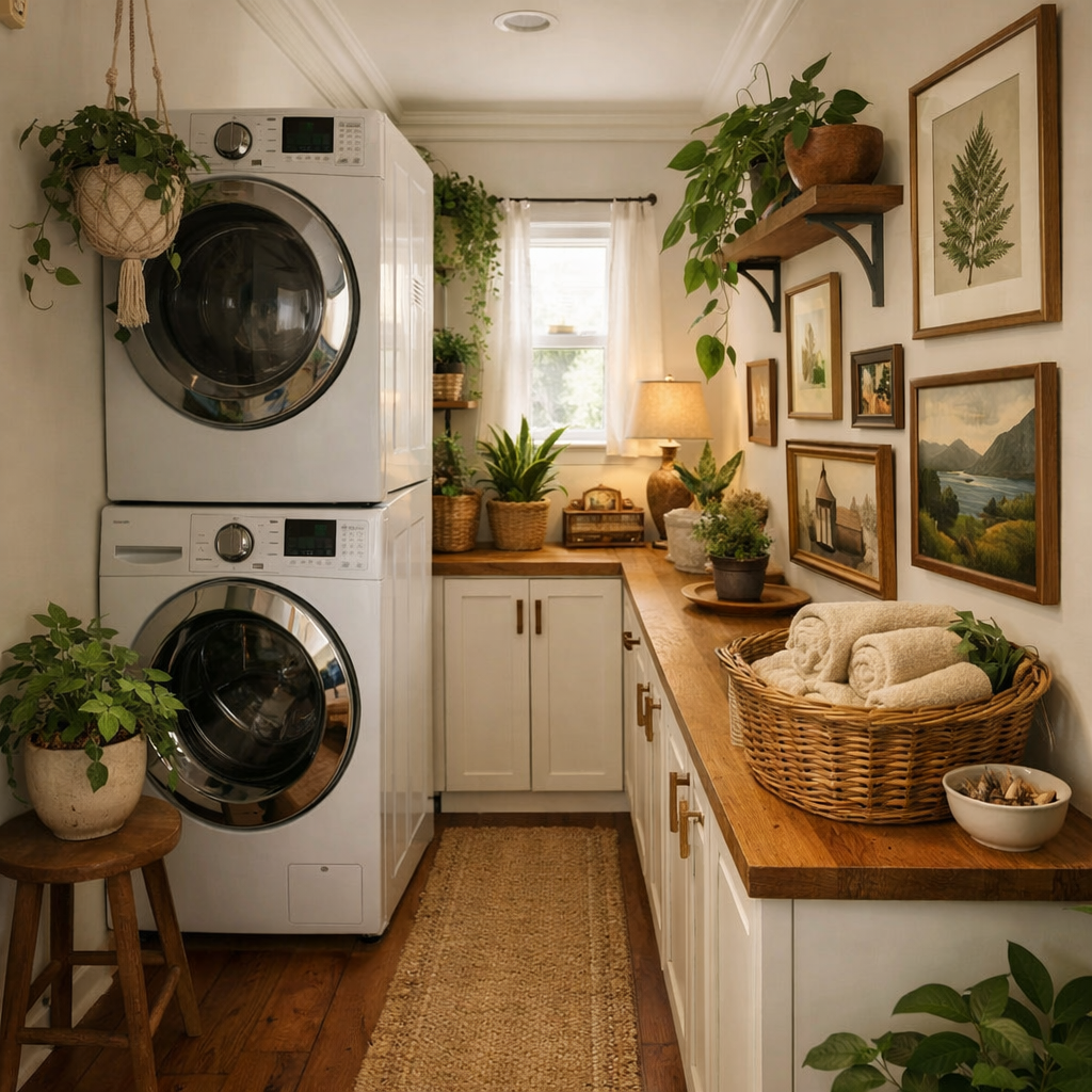 Cozy narrow laundry room with plants, artwork, and wooden countertops.