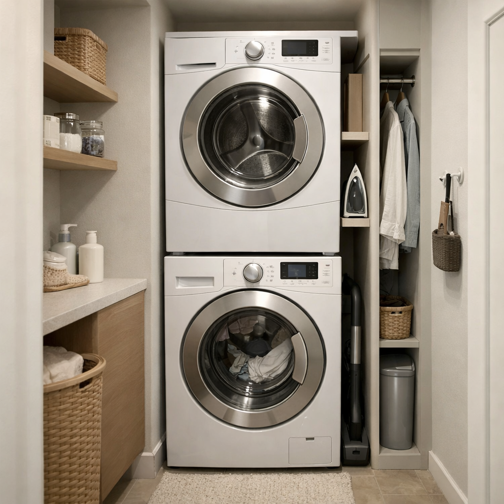 A stylish narrow laundry room with stacked washer and dryer, shelves, and organized storage.