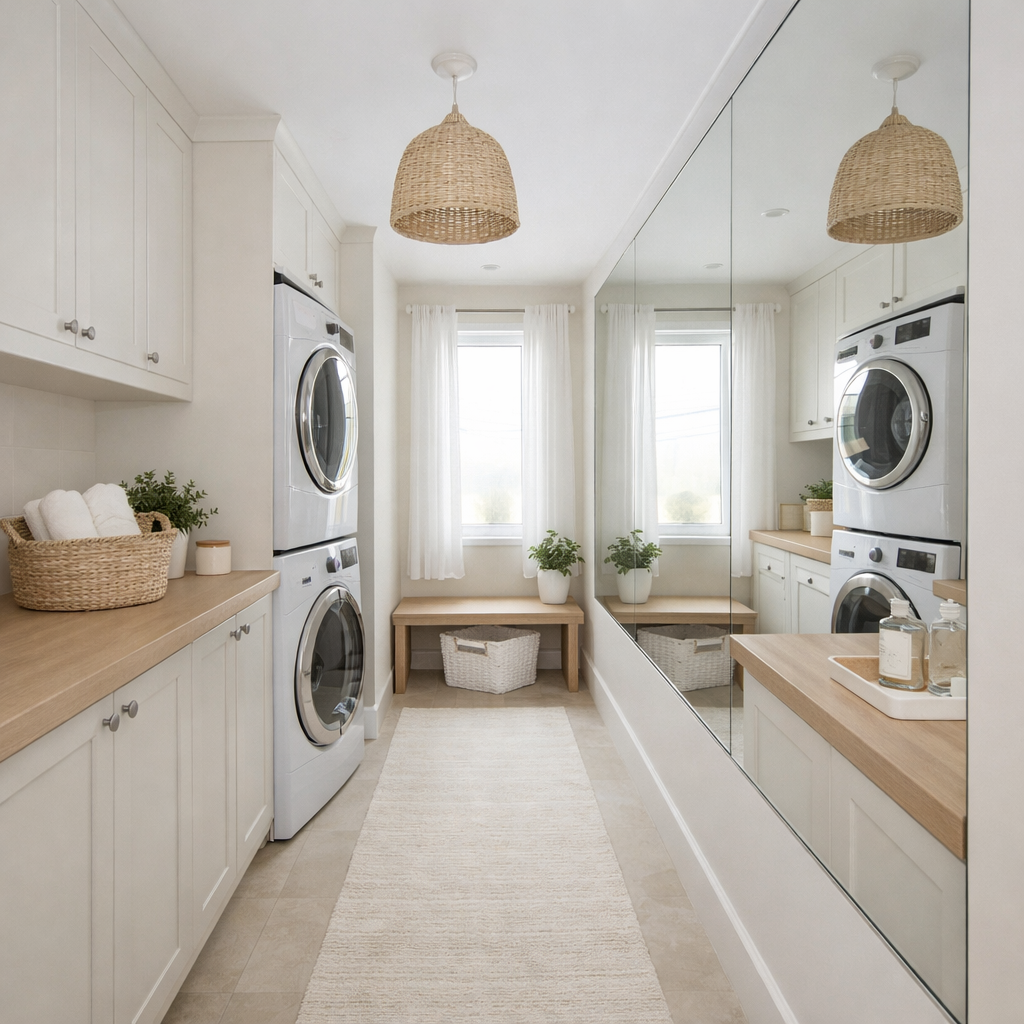 A narrow laundry room featuring light walls, a mirror, potted plants, and efficient storage.